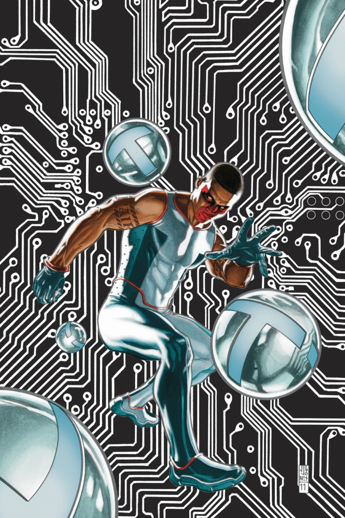 رسم توضيحي مفصل يظهر كرات T-Spheres الخاصة بمستر تيريفيك وهي تحوم حوله، مع خطوط بيانات ورسوم بيانية تظهر قدراتها التكنولوجية المتعددة