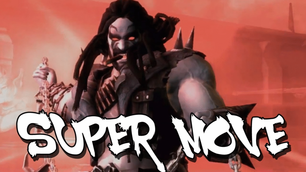 لقطة شاشة لشخصية لوبو من لعبة الفيديو Injustice: Gods Among Us وهو يقوم بحركته الخاصة "The Main Man"، حيث يستخدم دراجته النارية لدهس خصمه.