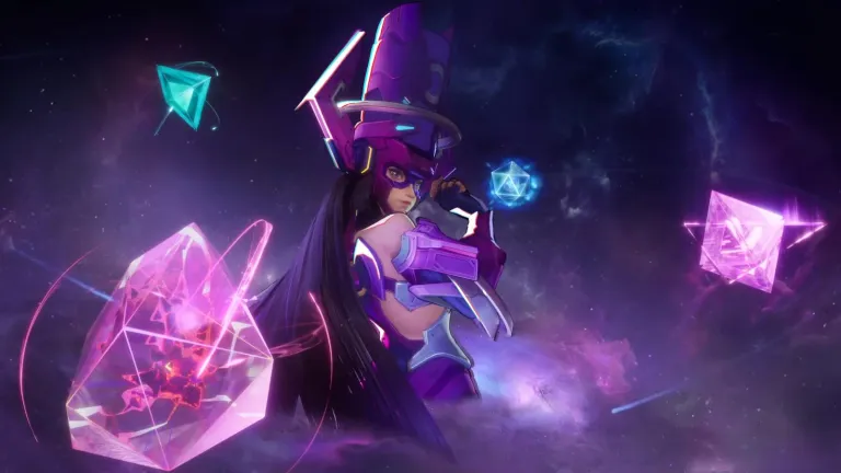 صورة من لعبة "Marvel Rivals" تظهر فيها جلاكتا بتصميمها الحديث، وهي تبتسم وتراقب المعارك بين شخصيات مارفل المختلفة من موقعها الكوني.