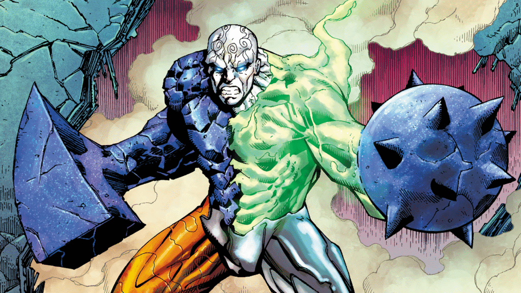 رسم توضيحي يظهر Metamorpho وهو يعرض قواه المختلفة في آن واحد