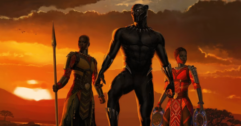 Black Panther T'Challa royal attire Wakanda palace sunset