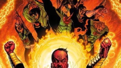 Comic book cover showing a muscular hero in a yellow and black suit raising arms amid fiery orange flames and energy rings; Arabic title at top, DC logo left.